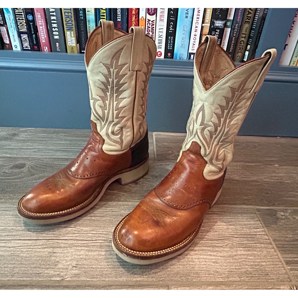 Tony Lama Mens Tri-Tone Leather Western Cowboy Boots Tan Cognac Brown 7.5